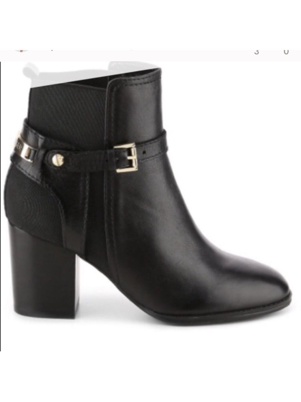 Tommy Hilfiger Black Leather Block Heel Ankle Boots with Buckle